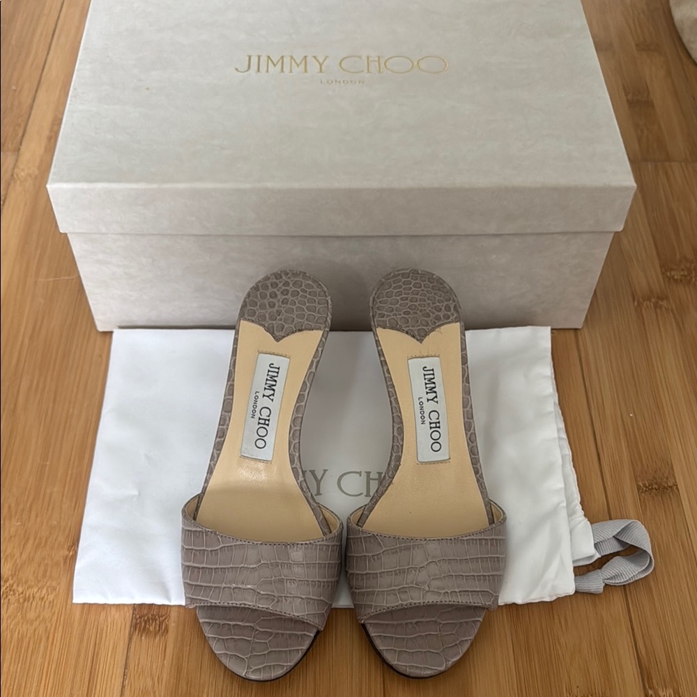 Jimmy Choo Stacey 65 Croc-Embossed Taupe Mules Size 35